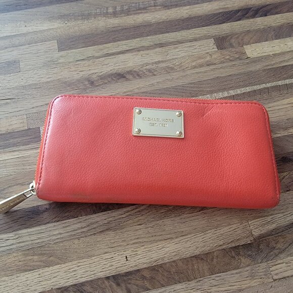 MICHAEL Michael Kors Handbags - Michael Kors Orange Leather Zip Around Long Accordion Wallet Gold Hardware